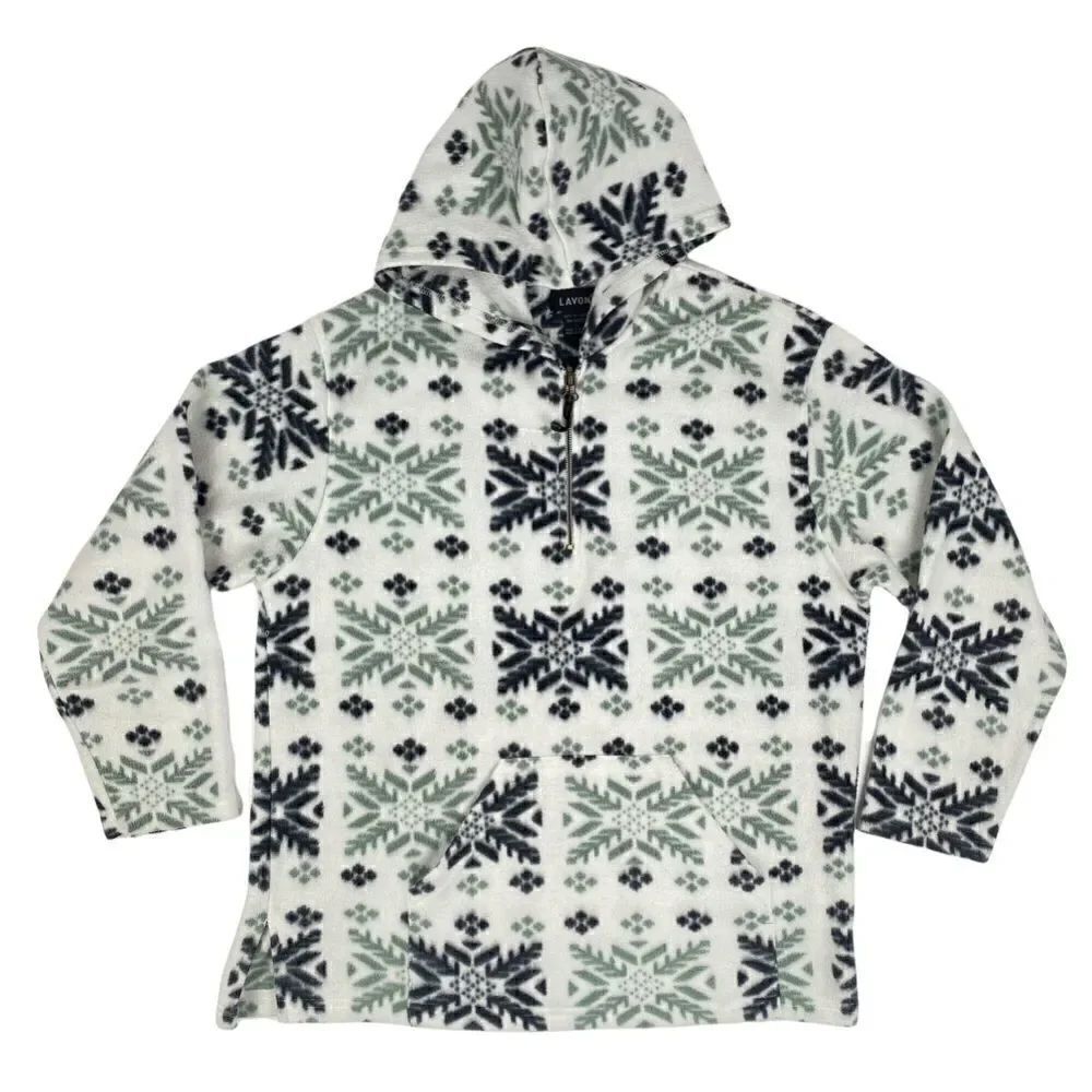 Vintage Lavon Fleece 1/4 Zip Hooded Pullover Snowflake Winter Nordic Print